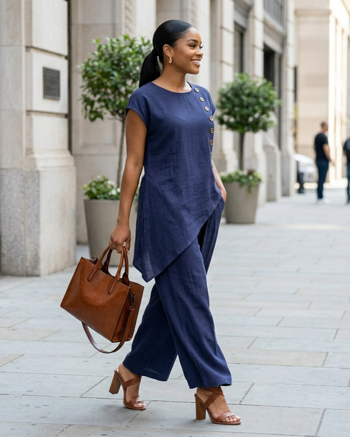 Womens Solid-Color Crew-Neck Buttoned Short-Sleeve Wide-Leg Pants Set