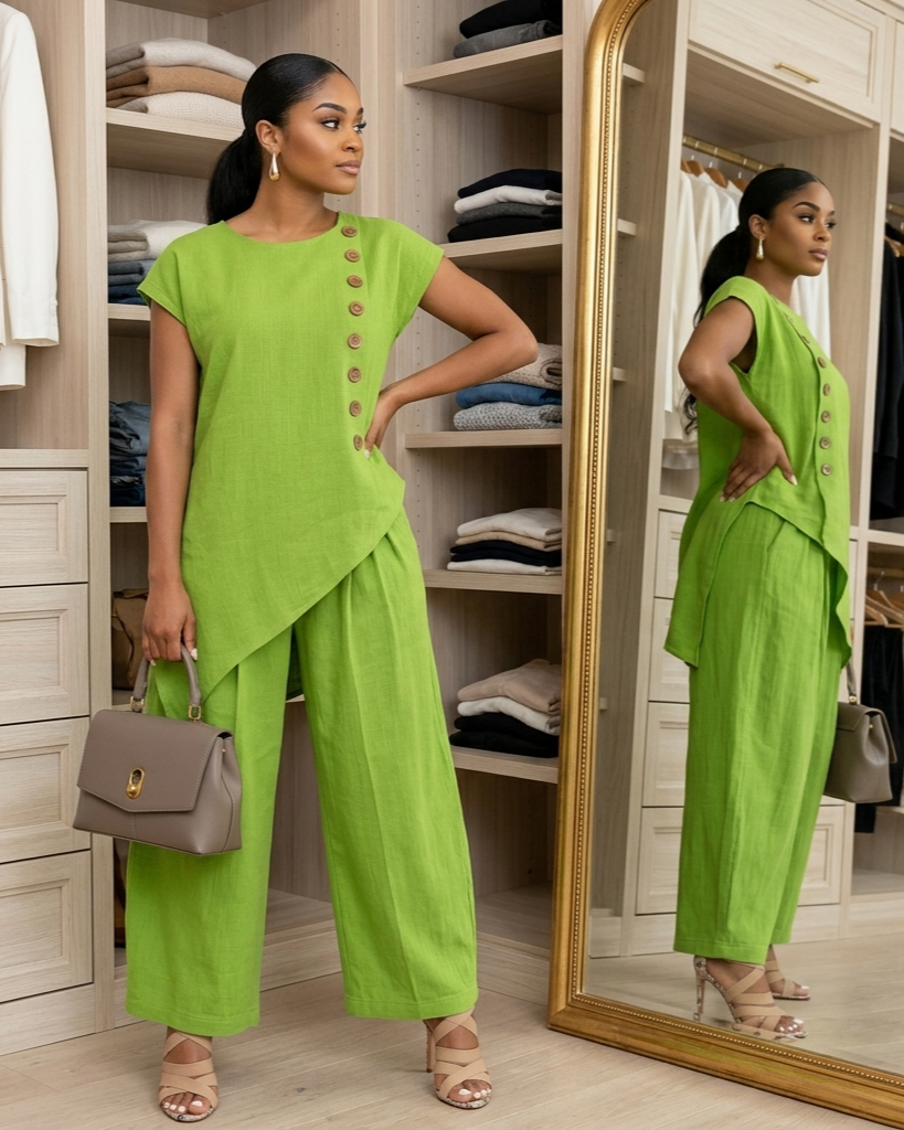 Womens Solid-Color Crew-Neck Buttoned Short-Sleeve Wide-Leg Pants Set