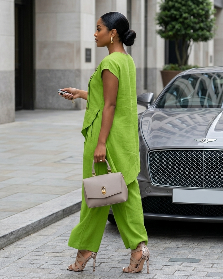 Womens Solid-Color Crew-Neck Buttoned Short-Sleeve Wide-Leg Pants Set