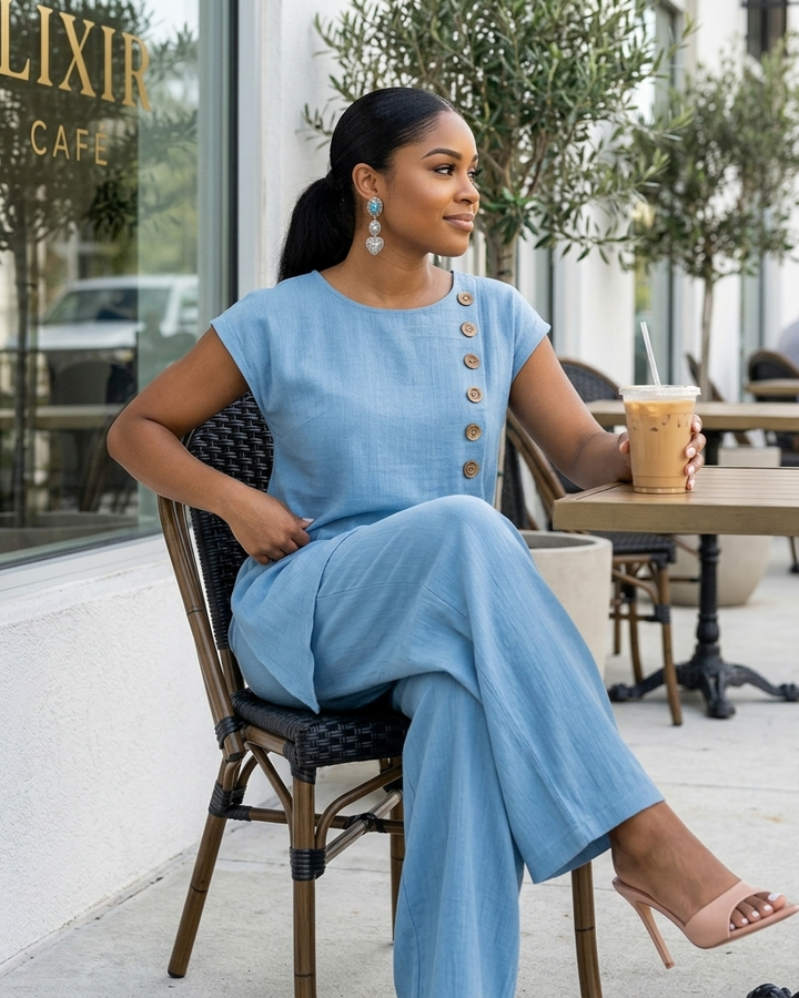 Womens Solid-Color Crew-Neck Buttoned Short-Sleeve Wide-Leg Pants Set