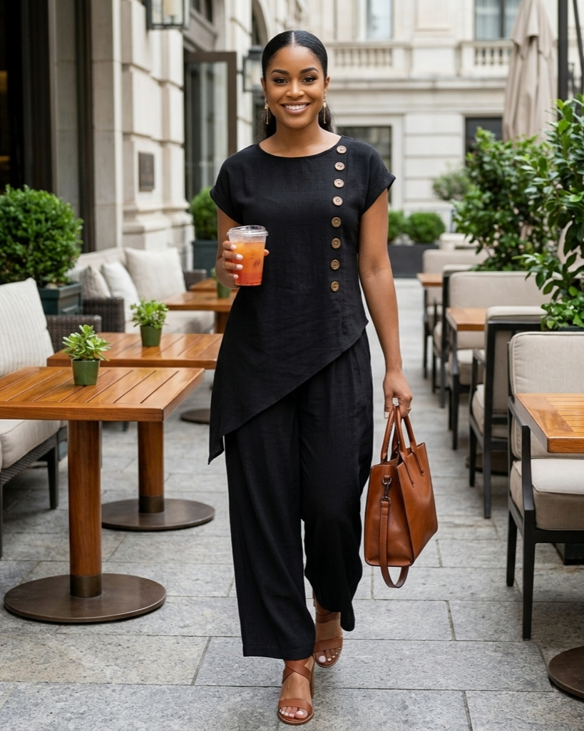 Womens Solid-Color Crew-Neck Buttoned Short-Sleeve Wide-Leg Pants Set