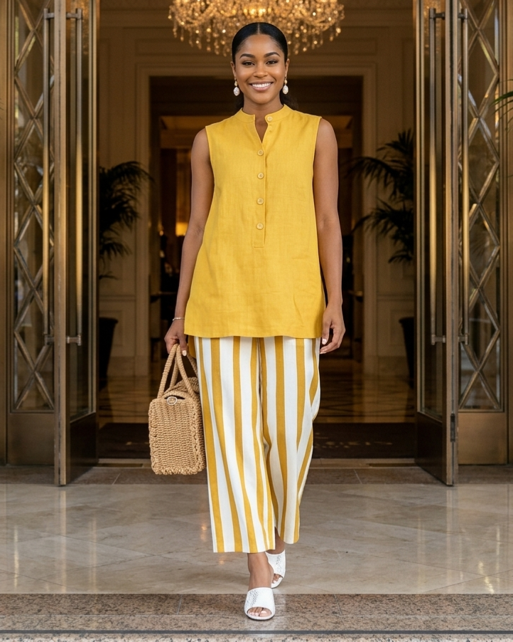 Casual Sleeveless Shirt Top And Striped Wide-Leg Pants Two-Piece Set