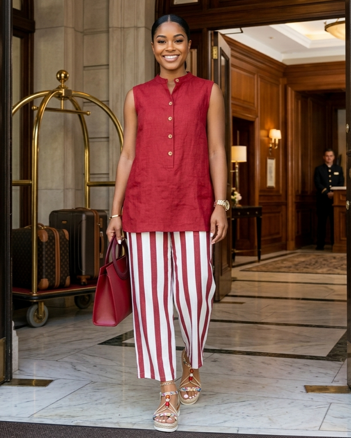 Casual Sleeveless Shirt Top And Striped Wide-Leg Pants Two-Piece Set