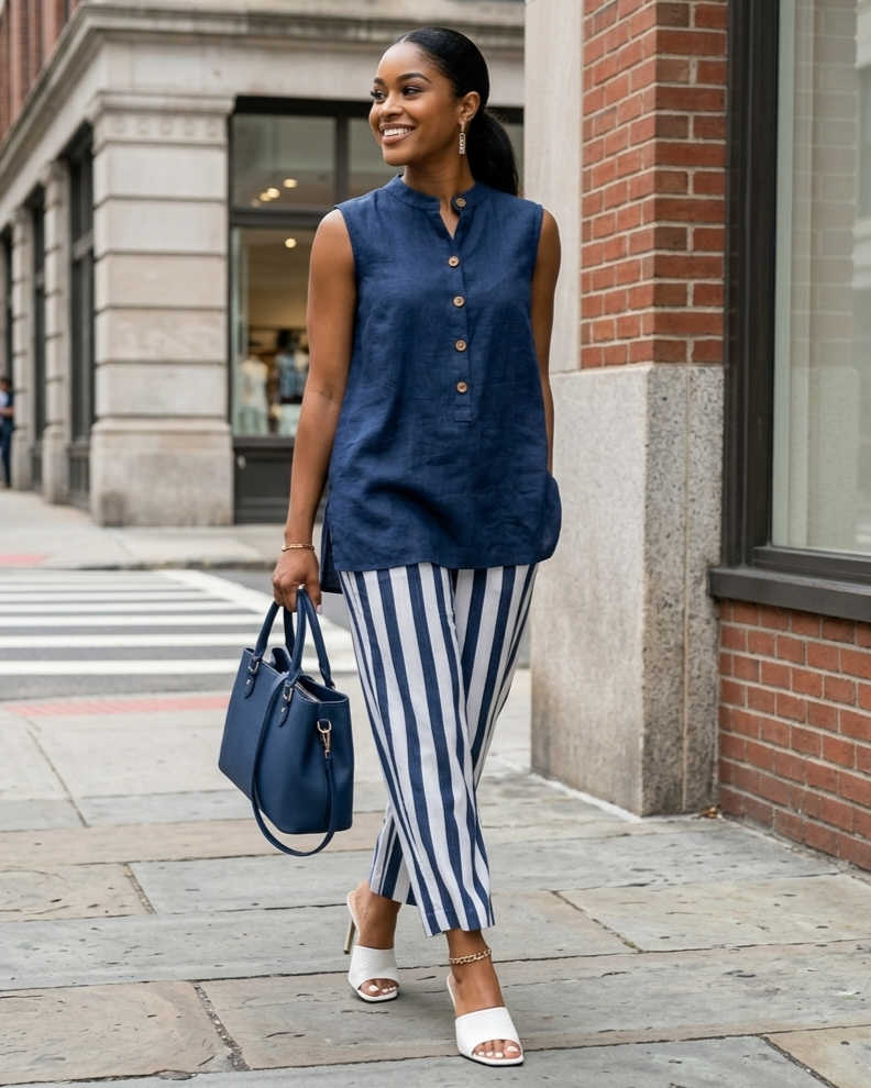 Casual Sleeveless Shirt Top And Striped Wide-Leg Pants Two-Piece Set