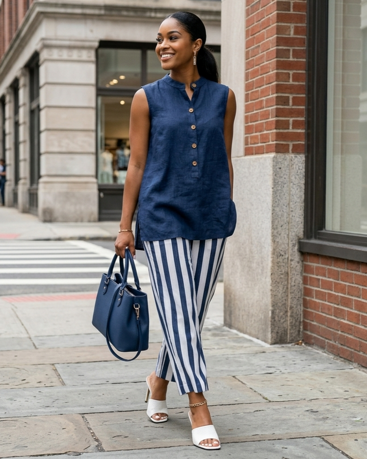 Casual Sleeveless Shirt Top And Striped Wide-Leg Pants Two-Piece Set