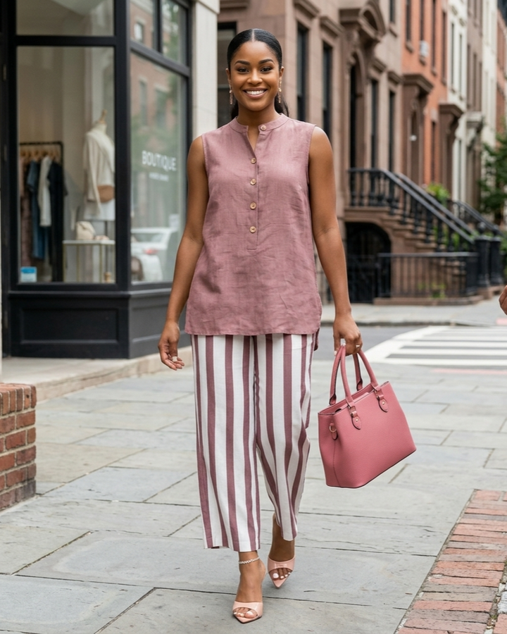 Casual Sleeveless Shirt Top And Striped Wide-Leg Pants Two-Piece Set