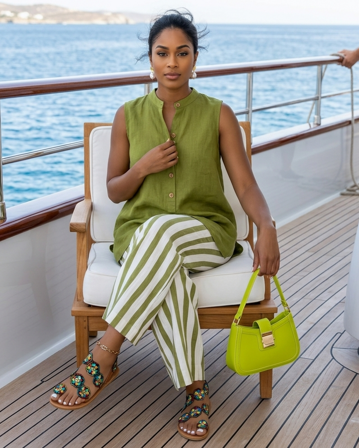 Casual Sleeveless Shirt Top And Striped Wide-Leg Pants Two-Piece Set