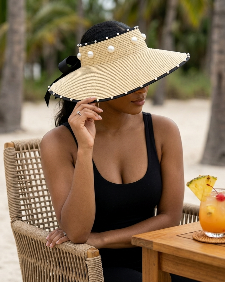 Sombrero de paja plegable con visera grande, diseño de cielo abierto y perla dulce