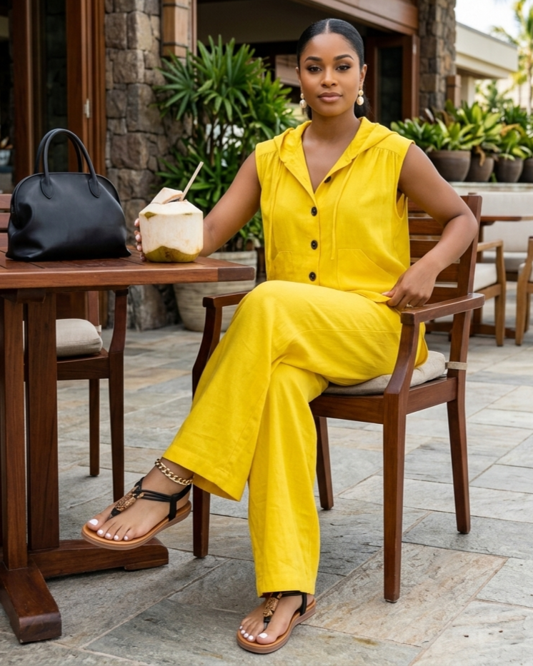 Conjunto de Top con Capucha sin Mangas Holgado Casual y Pantalones de Pierna Ancha de Talle Alto
