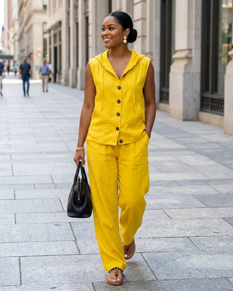 Conjunto de Top con Capucha sin Mangas Holgado Casual y Pantalones de Pierna Ancha de Talle Alto