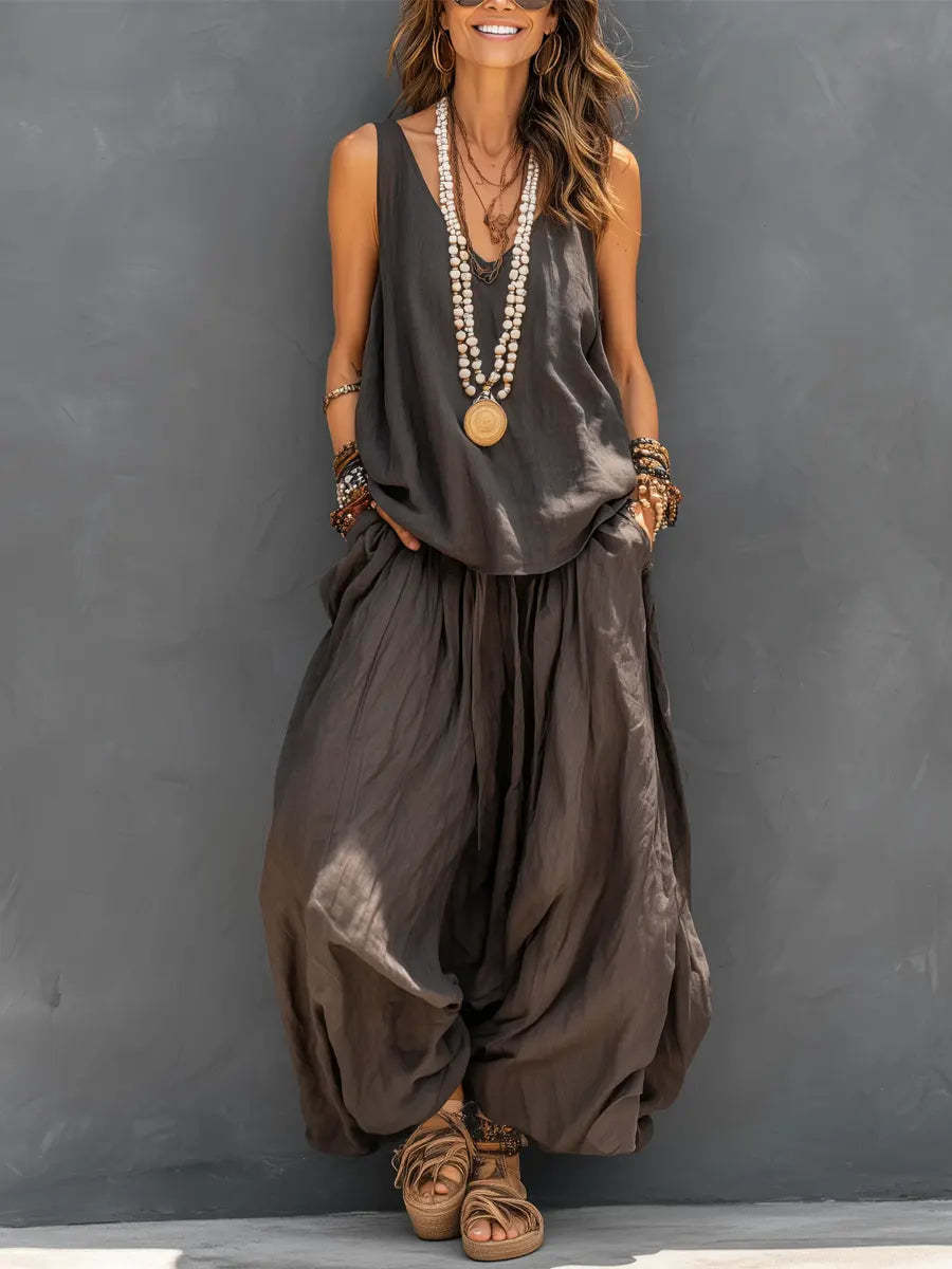 Conjunto de Blusa sin Mangas de Color Liso y Pantalones Anchos de Algodón y Lino para Mujer, para Uso Diario y Vacaciones
