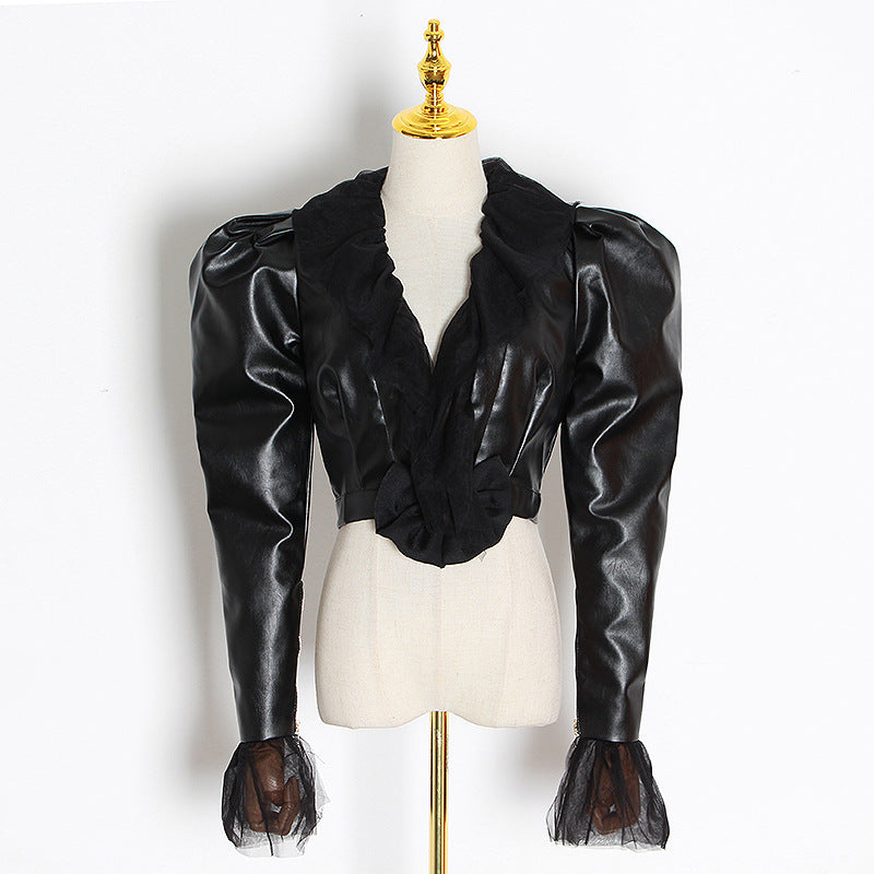 Chaqueta corta de cuero sintético negro para mujer