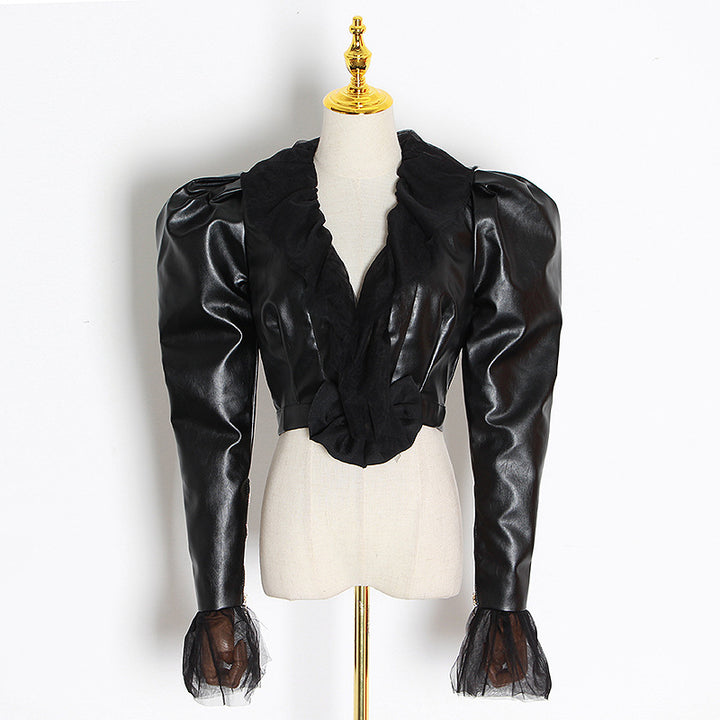 Chaqueta corta de cuero sintético negro para mujer