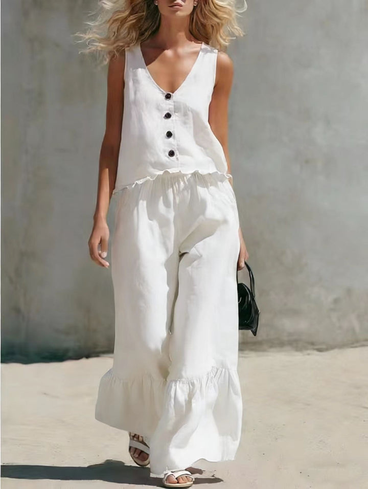 Womens Fashion Casual Solid Color V-Neck Vest And Pants Two-Piece Set