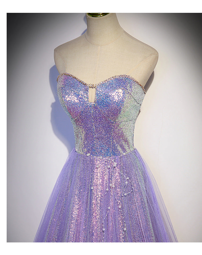 Vestido de noche con lentejuelas y top morado de tubo, de lujo ligero y alta gama, para mujer