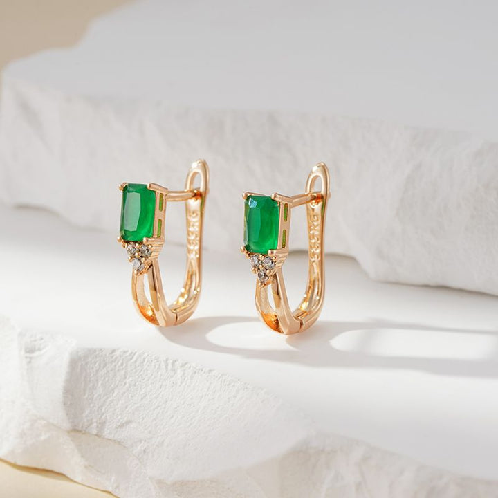 Pendientes de botón cuadrados de circonita verde de oro rosa