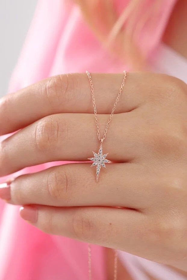 925 Sterling Silver Star Necklace With Zircon Stones Rose Gold Plated