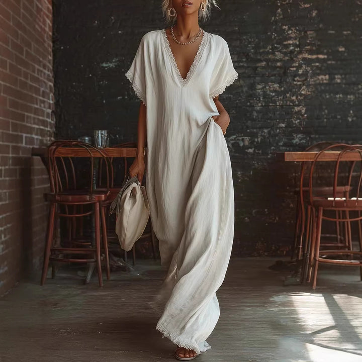 European And American Style Casual Elegant Comfortable Lace-trimmed Loose Linen Cotton Long Dress - Shop Savvy Styles