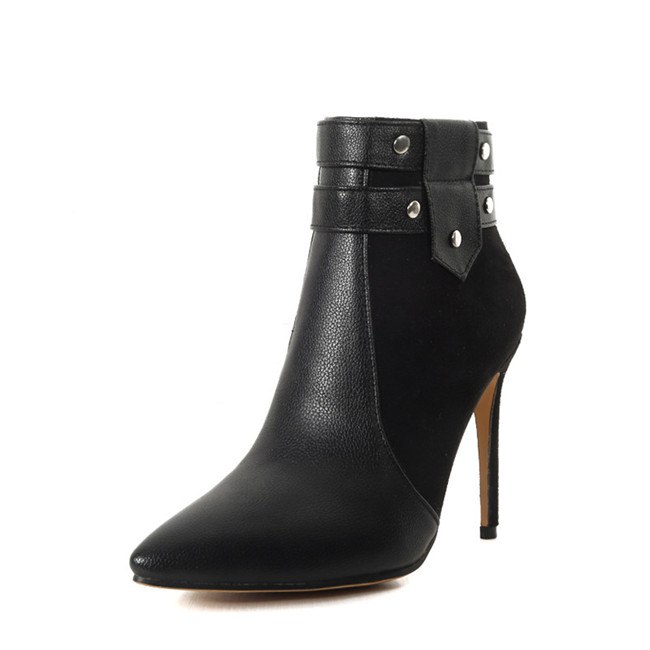 Botines de tacón alto retro y fino con hebilla y remaches, para mujer, tallas grandes, zapatos de invierno, azul, negro, rojo, tacón de aguja