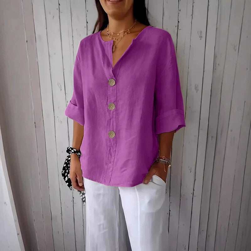 Blusa cómoda de algodón y lino con cuello en V y botones