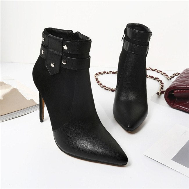 Botines de tacón alto retro y fino con hebilla y remaches, para mujer, tallas grandes, zapatos de invierno, azul, negro, rojo, tacón de aguja