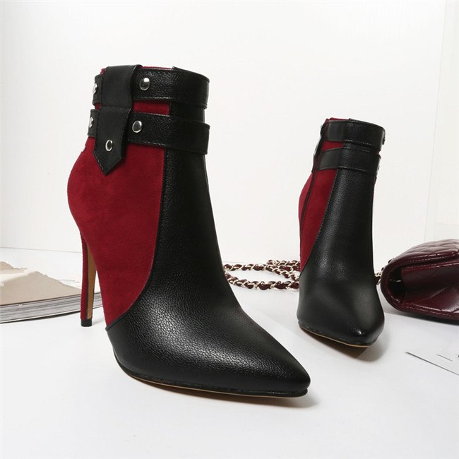 Botines de tacón alto retro y fino con hebilla y remaches, para mujer, tallas grandes, zapatos de invierno, azul, negro, rojo, tacón de aguja