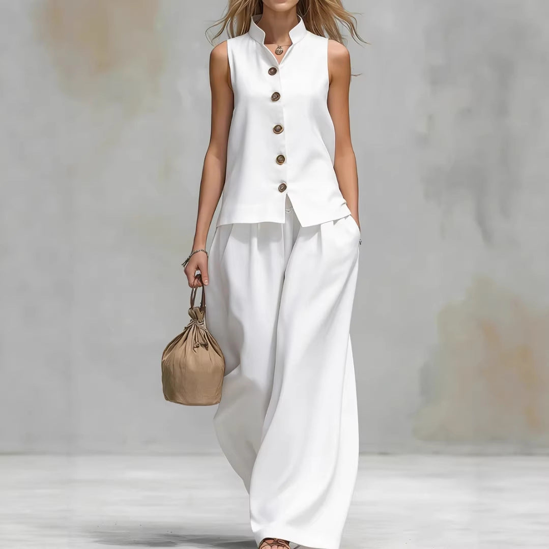 Casual Two-Piece Stand Collar Sleeveless Vest And Matching Pants Set
