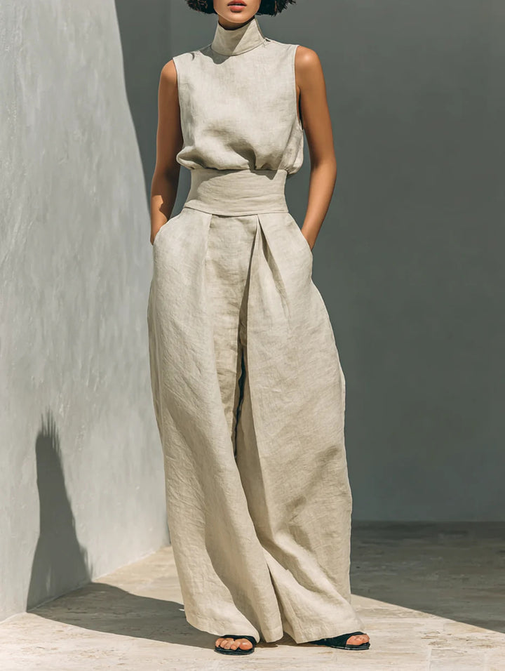 Casual Sleeveless Suit Summer Stand-up Collar Pullover Top And Loose Straight-leg Trousers Women&
