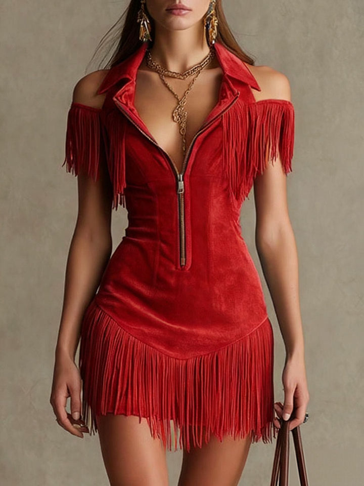 Vestido Retro de Gamuza con Borlas y Hombros Descubiertos