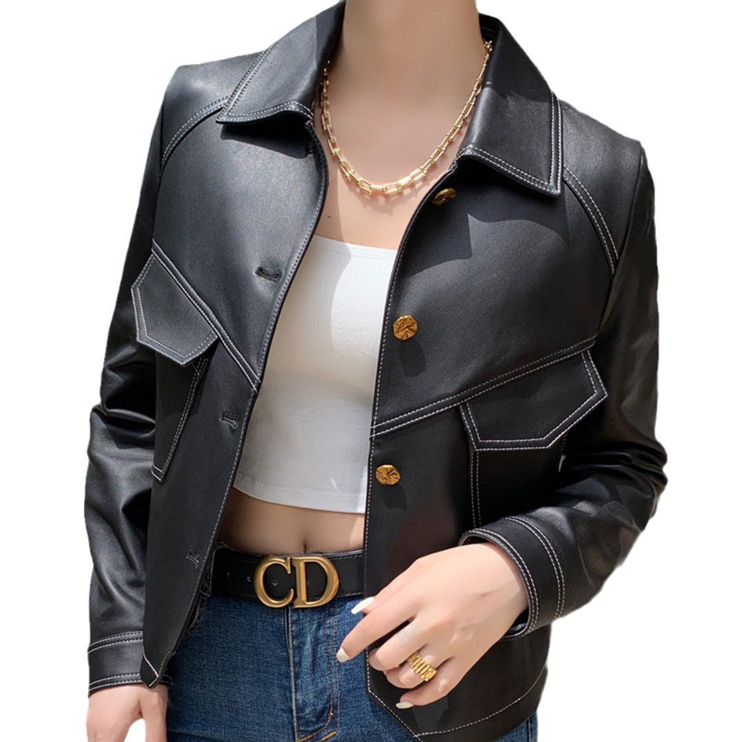 Abrigo con cuello, hebilla, cuero, para mujer, corto, ajustado, de motociclista