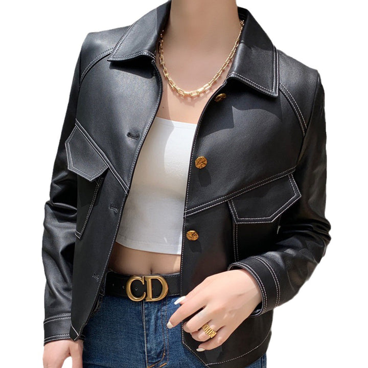Abrigo con cuello, hebilla, cuero, para mujer, corto, ajustado, de motociclista