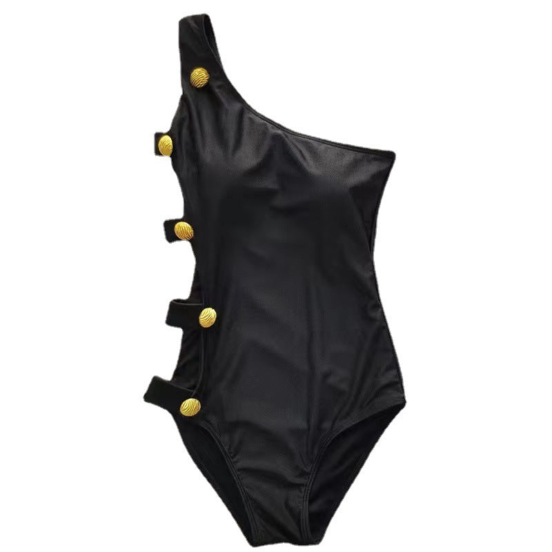 Traje de baño siamés delgado con tubo superior negro temperamento cintura traje de baño de mujer con tirantes