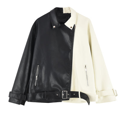 Collision Color Locomotive Cruela Black and White Women Loose Short Pu Leather Jacket
