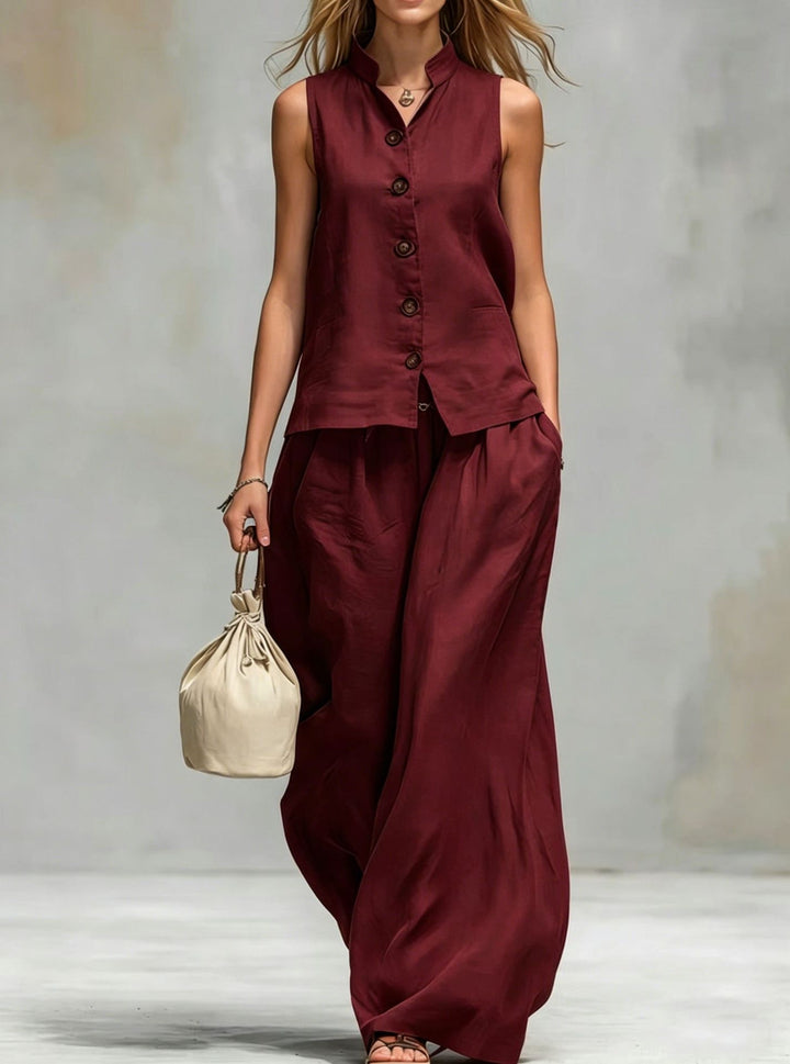 Casual Two-Piece Stand Collar Sleeveless Vest And Matching Pants Set