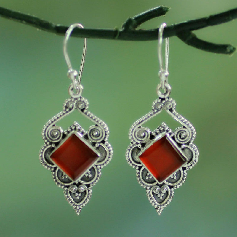 Dark Red Vintage Thai Silver Earrings