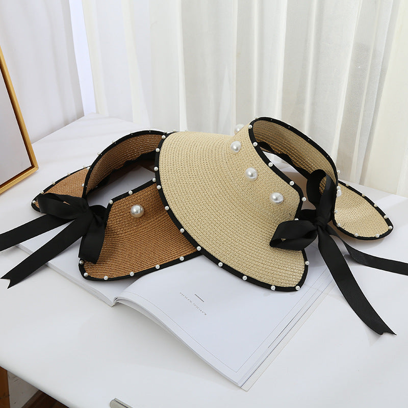 Sombrero de paja plegable con visera grande, diseño de cielo abierto y perla dulce