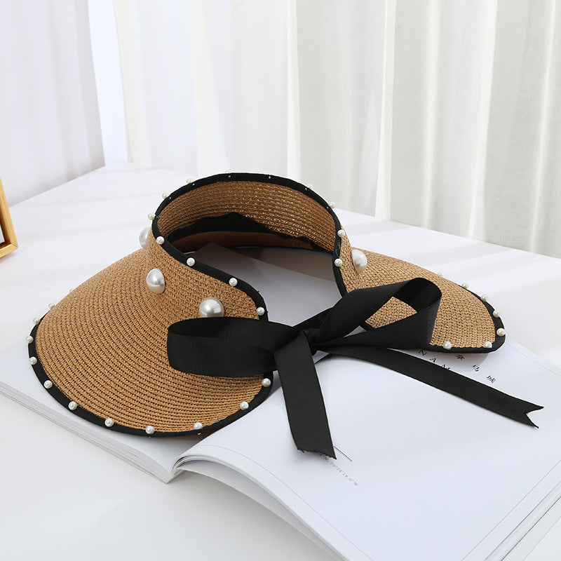 Sombrero de paja plegable con visera grande, diseño de cielo abierto y perla dulce