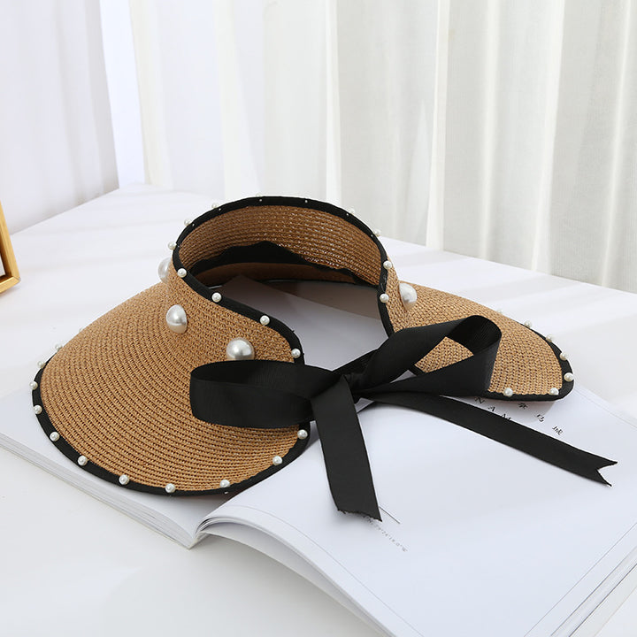 Sombrero de paja plegable con visera grande, diseño de cielo abierto y perla dulce