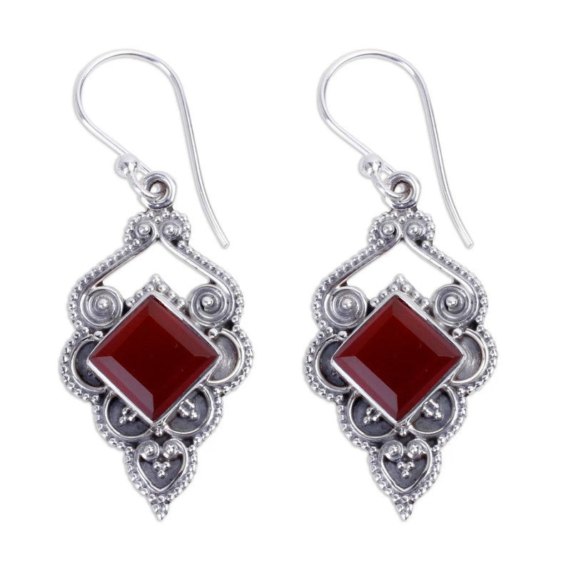 Dark Red Vintage Thai Silver Earrings