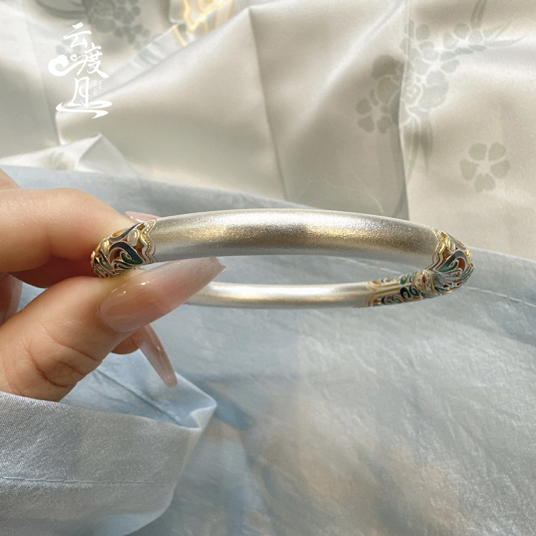 Pulsera S999 de Plata Esterlina con Esmalte, Diseño de Desplazamiento y Detalles Dorados para Mujer, Estilo Tradicional Chino, Brazalete Fijo, Joyería Versátil