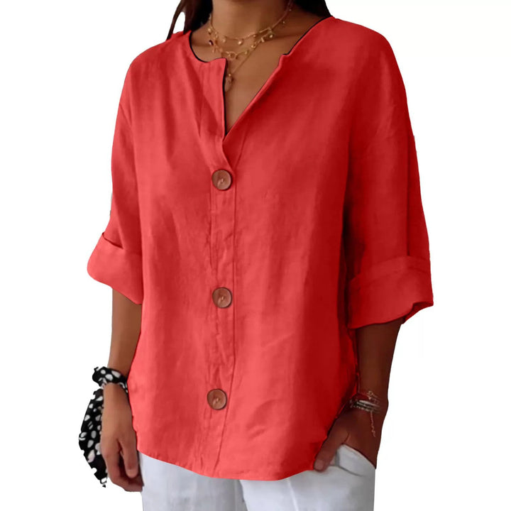 Blusa cómoda de algodón y lino con cuello en V y botones