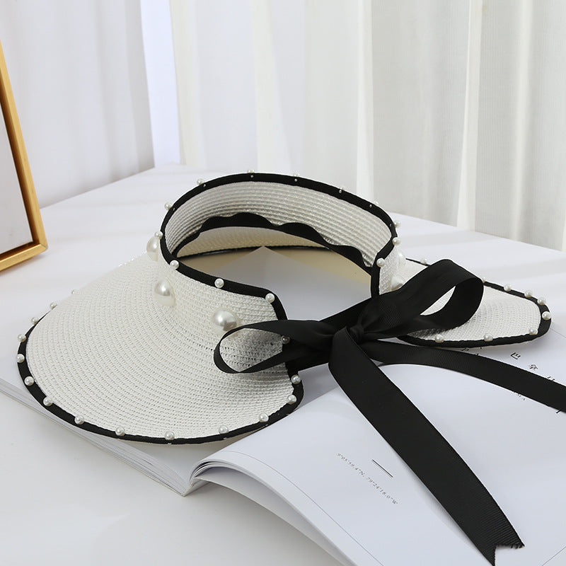 Sombrero de paja plegable con visera grande, diseño de cielo abierto y perla dulce