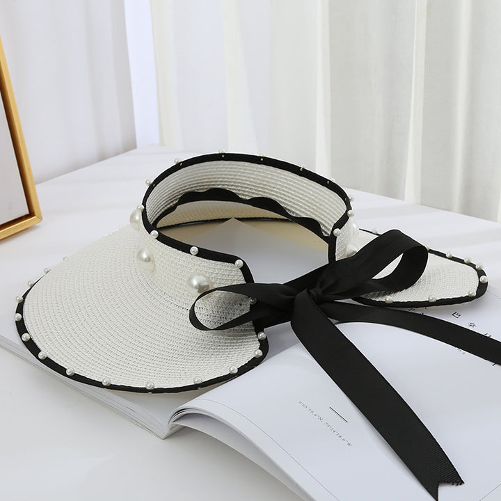 Sombrero de paja plegable con visera grande, diseño de cielo abierto y perla dulce
