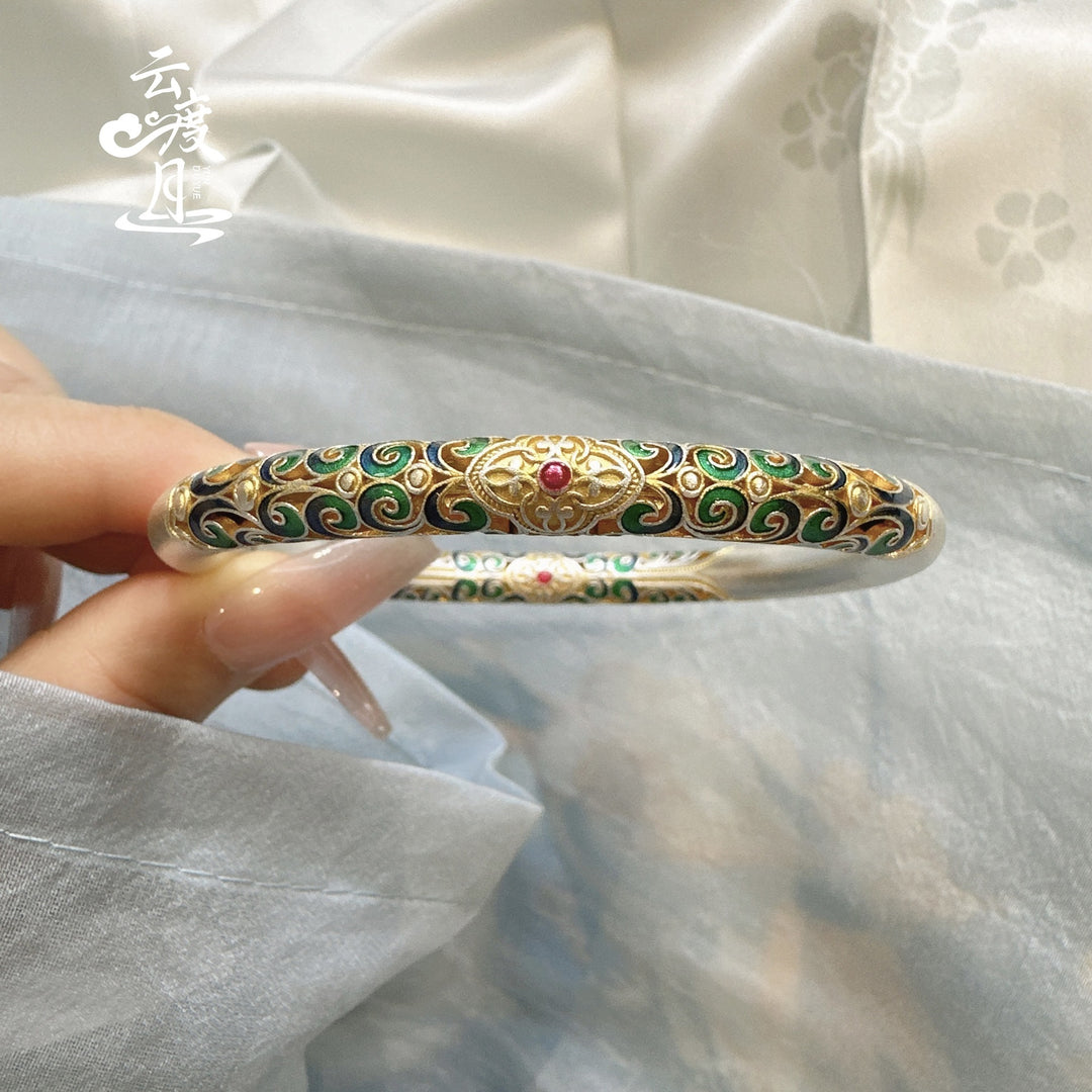 Pulsera S999 de Plata Esterlina con Esmalte, Diseño de Desplazamiento y Detalles Dorados para Mujer, Estilo Tradicional Chino, Brazalete Fijo, Joyería Versátil