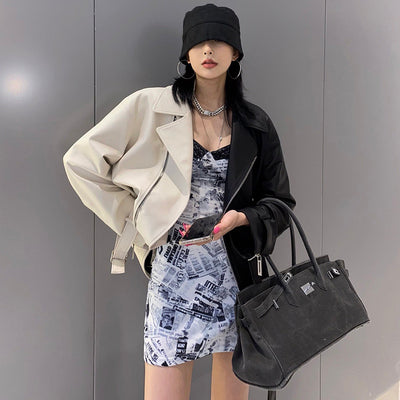 Collision Color Locomotive Cruela Black and White Women Loose Short Pu Leather Jacket