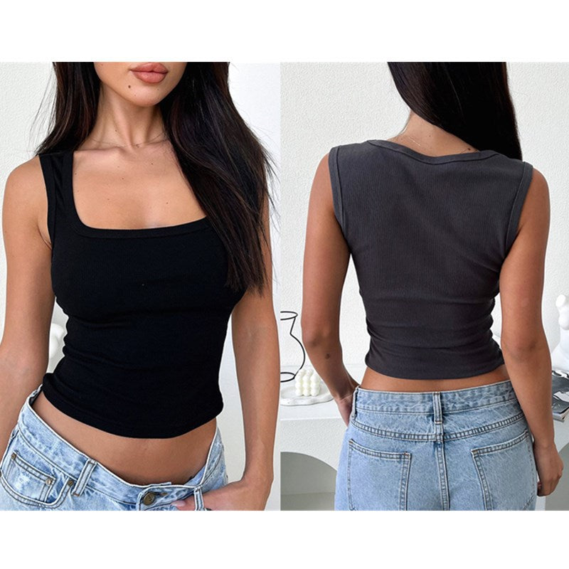 Black sleeveless top worn by a person, shown from front and back views.