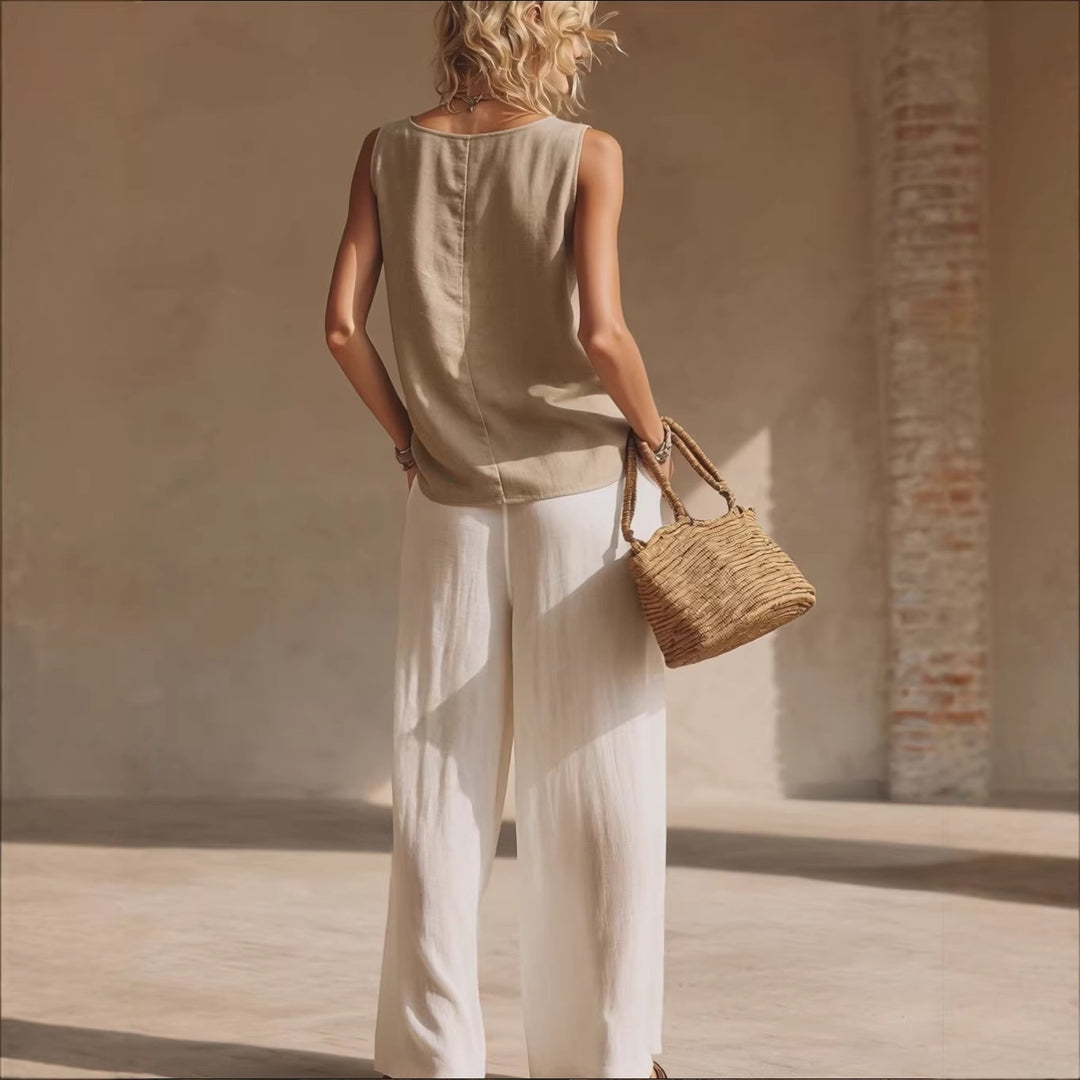 Front-button Sleeveless Top And Pants Set