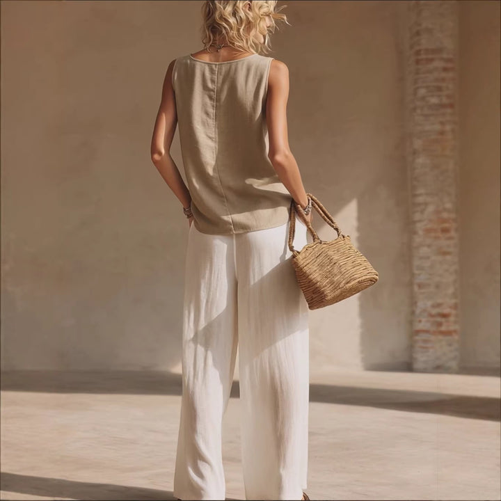Front-button Sleeveless Top And Pants Set