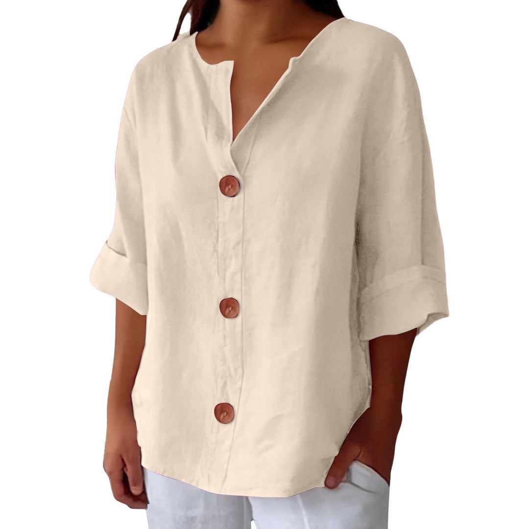 Blusa cómoda de algodón y lino con cuello en V y botones