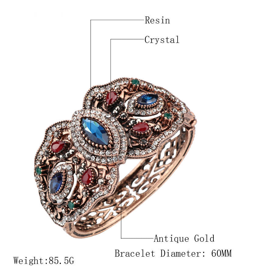 Detailed view of an ornate bracelet with labeled components on a white background